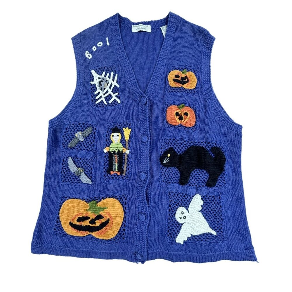 VTG Lord & Taylor Halloween Knit Vest Womens L Ghost Pumpkins Spider Cat Bats